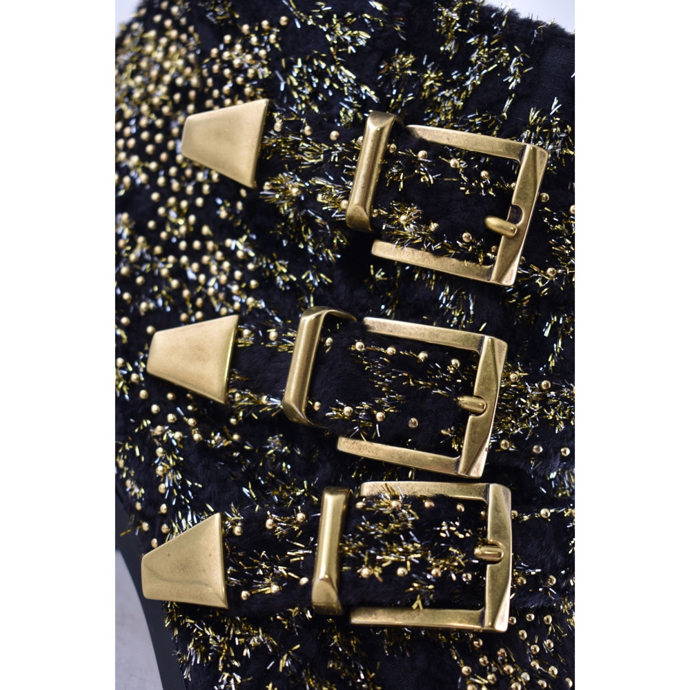 Chloe Suzanna Black Gold Velvet Coupe Studded Short Zipper Ankle Heel Bootie 37 - Picture 6 of 15